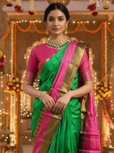 Women's Cotton Blend Green & Pink Woven Design DesignerSaree With Blouse Piece